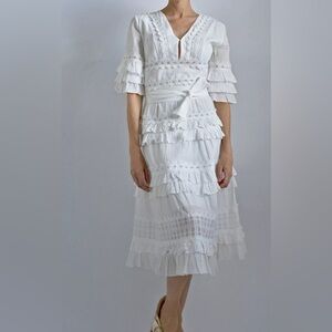 Aqua White Ruffled Midi Dress with Bell Sleeves